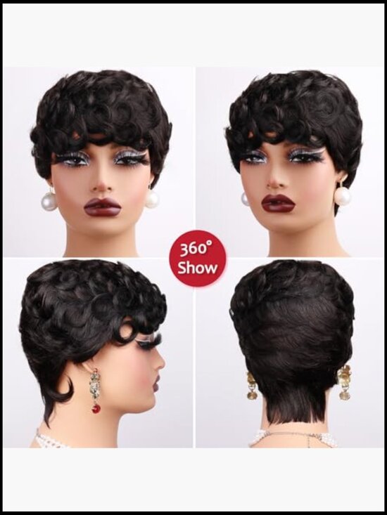 Short Curly Pixie Cut Wig Glueless Loose Wave Natural Look with Bangs Elegant main image 2